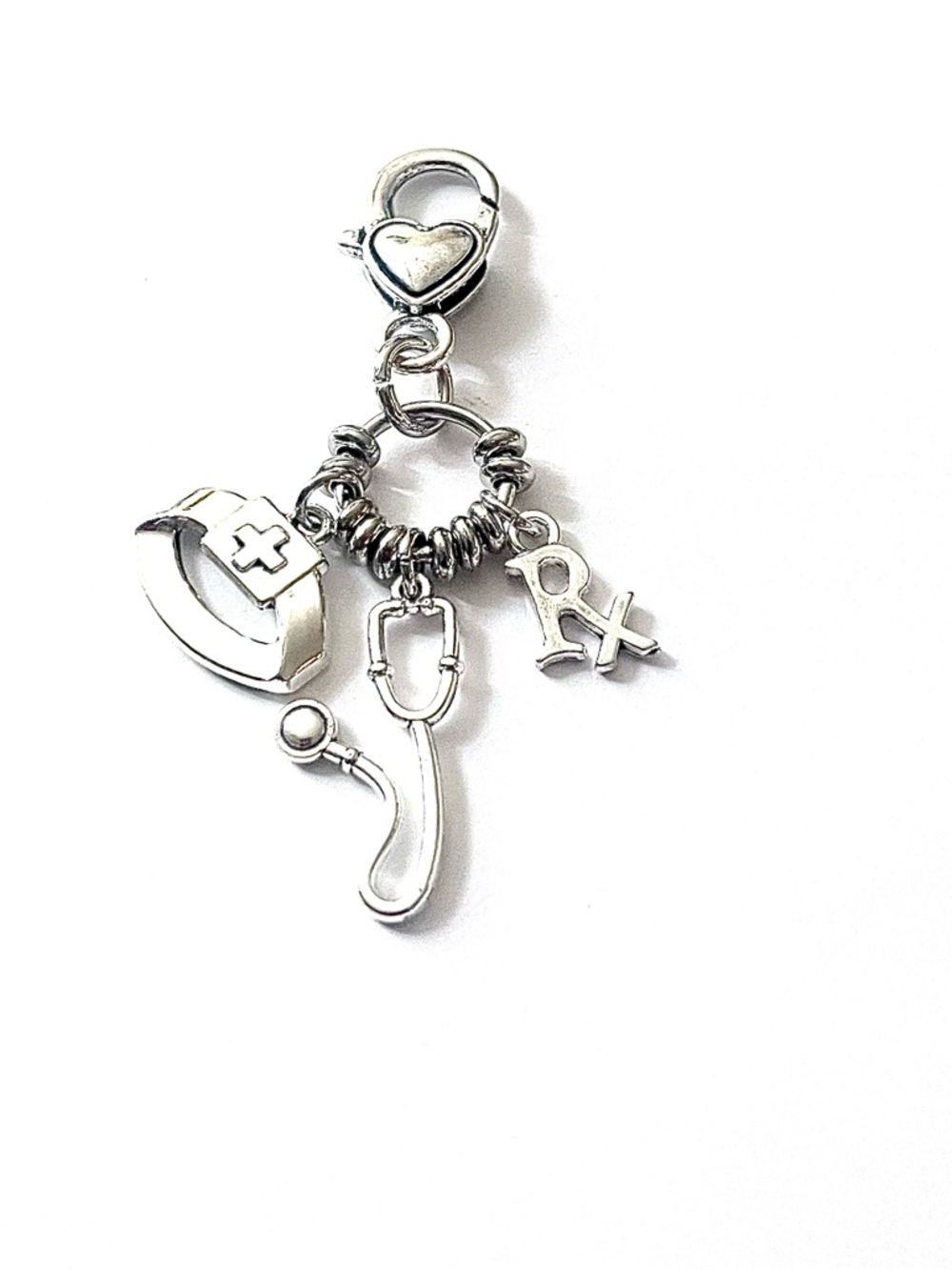 Medical Charm Dangle Clip-On - Silver Nurse Stethoscope RX Nurse Cap